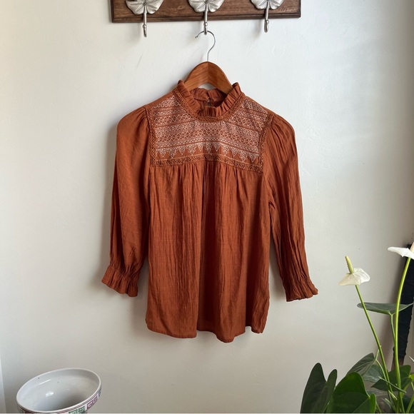 Anthropologie Tops - Anthropology Brand E M Rust Colored Boho Top Embroidered Neckline Sz S EUC